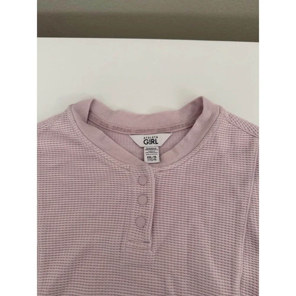 Athleta Girl Pink Waffle Knit Sweatshirt Top Girls Size XXL 16 Henley Thumbholes